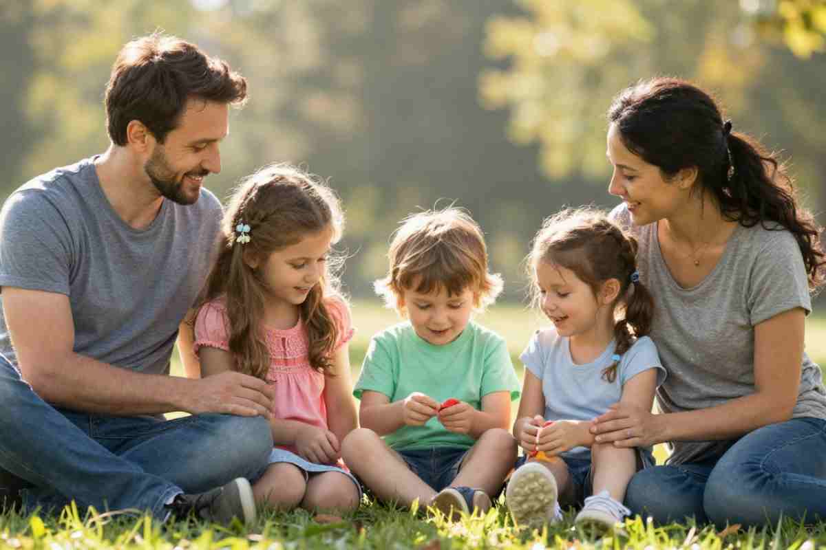 famiglia con figli su un prato