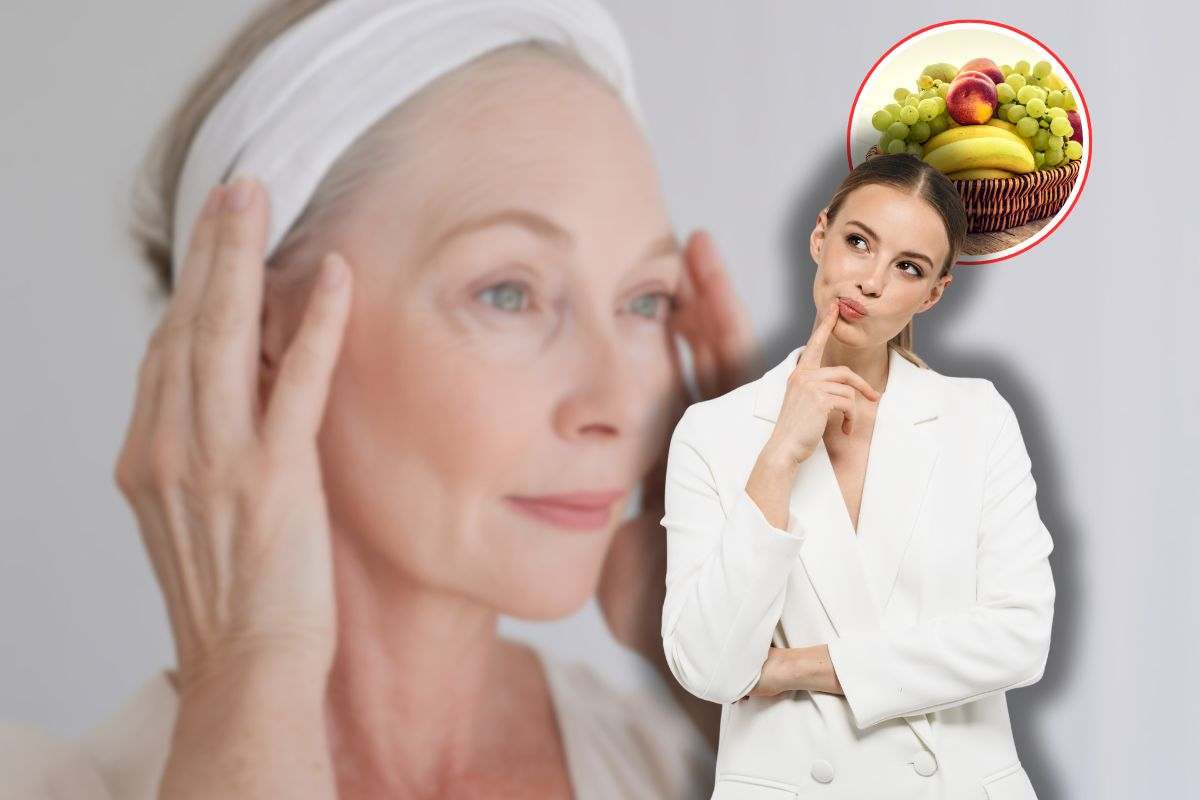donna matura che si tocca il viso, frutti in icona rossa e donna giovane che pensa