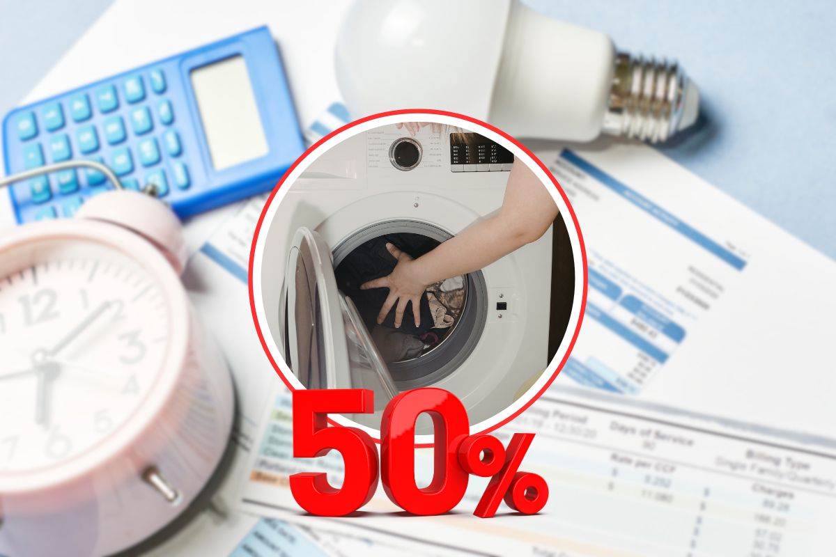 bollette come sfondo, lavatrice e percentuale del 50%
