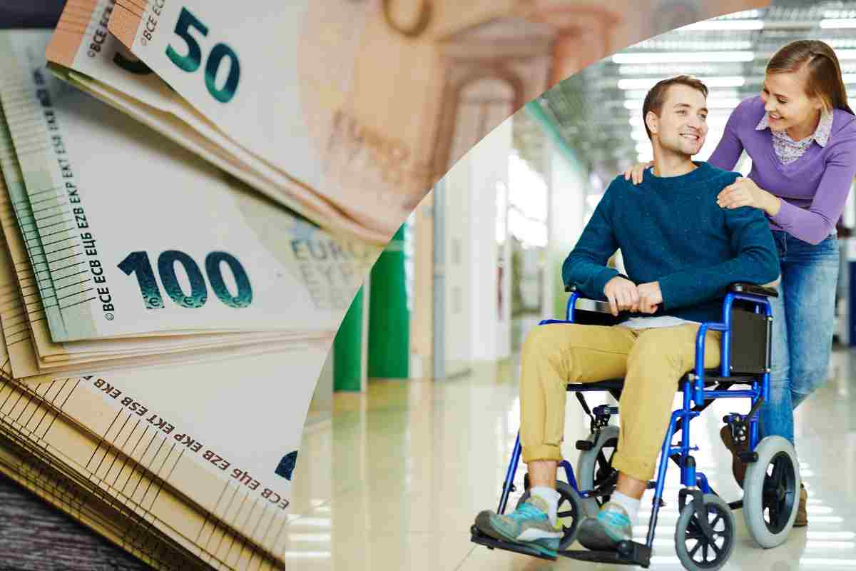 a sinistra soldi e a destra persona su una sedia a rotelle