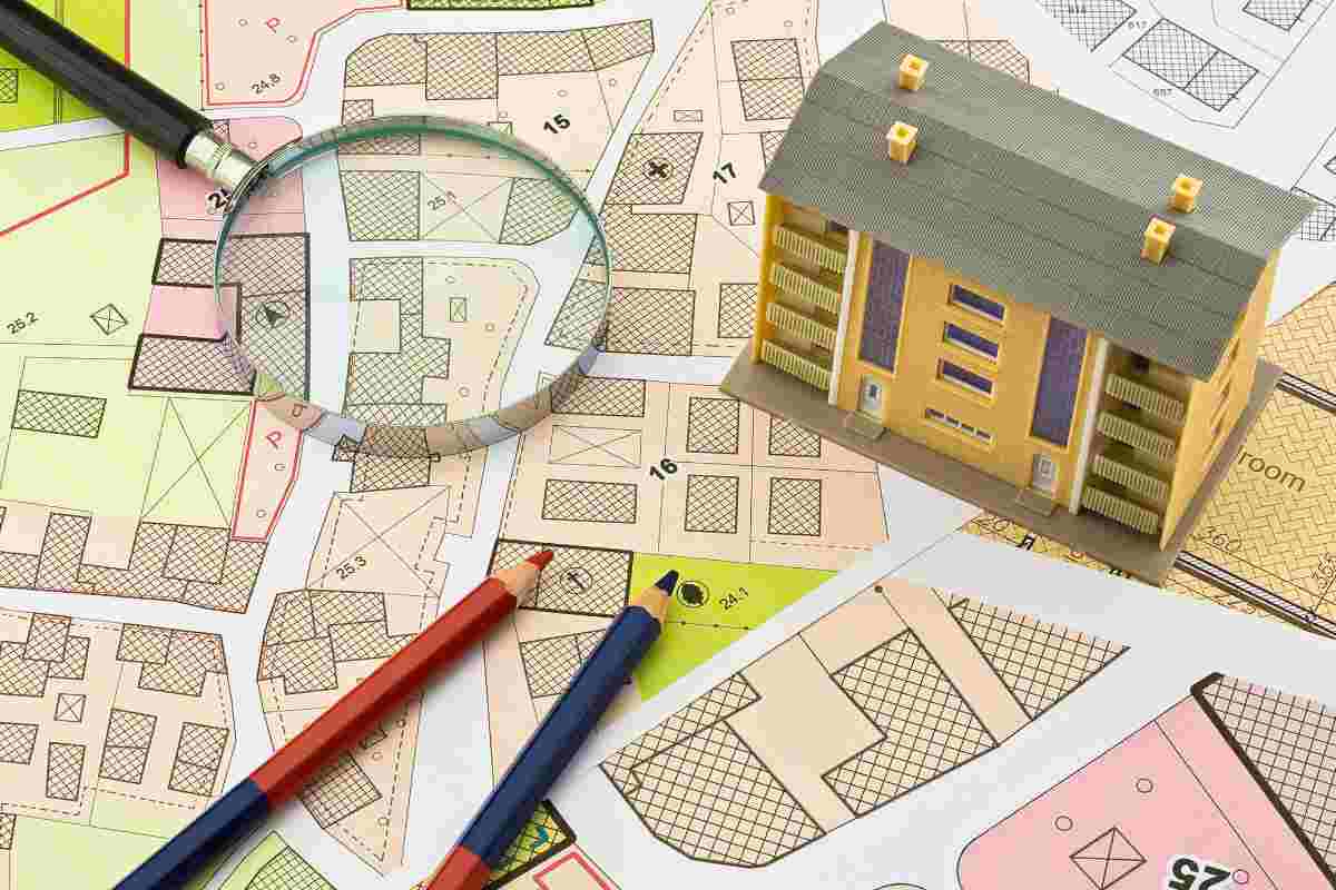 una casa in miniatura, visura catastale, matite e lenti di ingrandimento