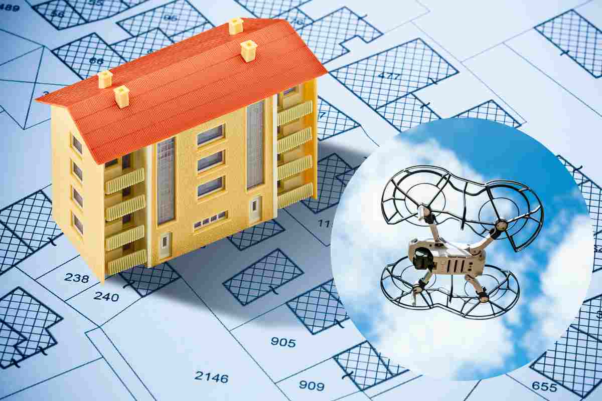 una casa in miniatura, progetto al catasto e nel cerchio un drone