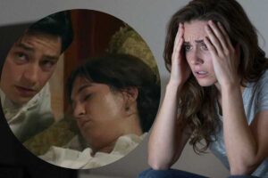 Donna preoccupata guarda una scena de La Promessa