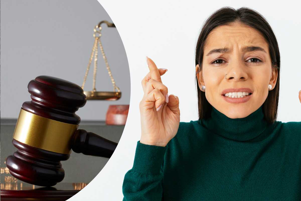 donna fa gesto scaramantico e nel tondo un martello e una bilancia