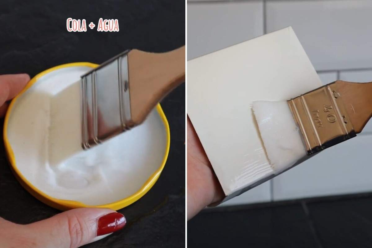 Una mano mescola colla e acqua