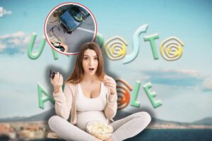 logo upas sullo sfondo, incidente stradale in icona rossa e donna sconvolta mentre guarda tv con pop corn