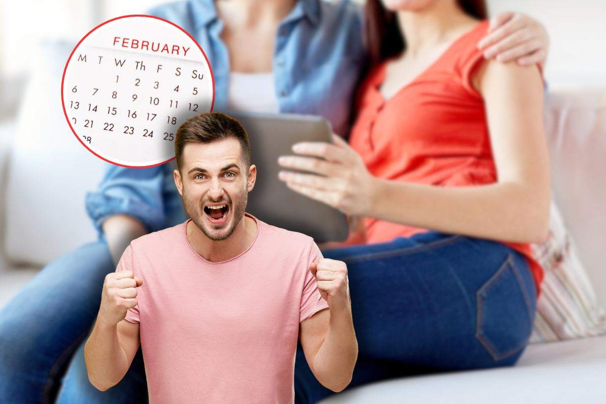 coppia che controlla tablet, uomo che esulta e calendario febbraio in icona rossa
