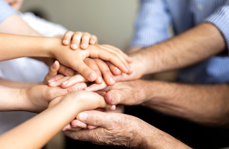 mani di famiglia che si tengono unite