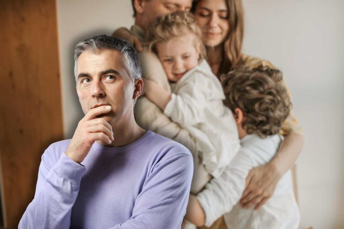 famiglia che si abbraccia e uomo che pens