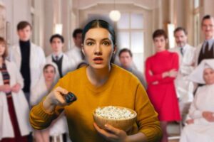 cast cuori sullo sfondo e donna sorpresa che guarda tv