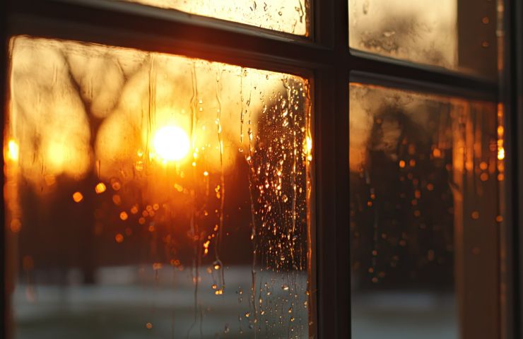 finestra che fa vedere all'esterno la pioggia e il tramonto