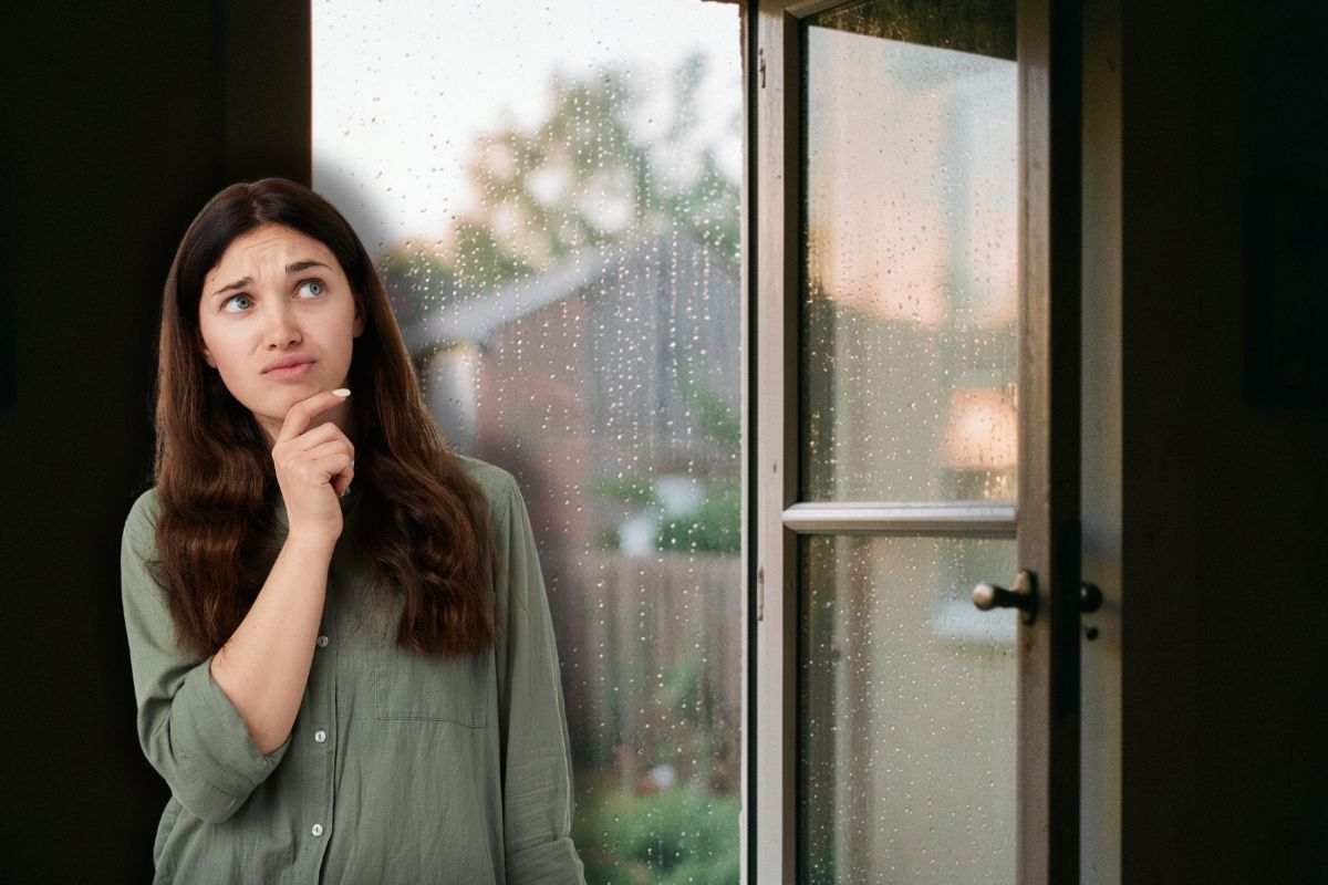 finestra della camera aperta mentre fuori piove e donna che pensa