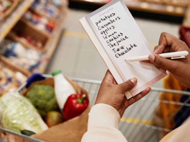 persona con una lista della spesa in mano al supermercato