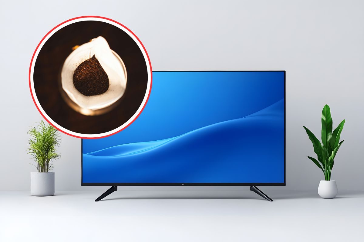 monitor tv acceso e filtro di caffè